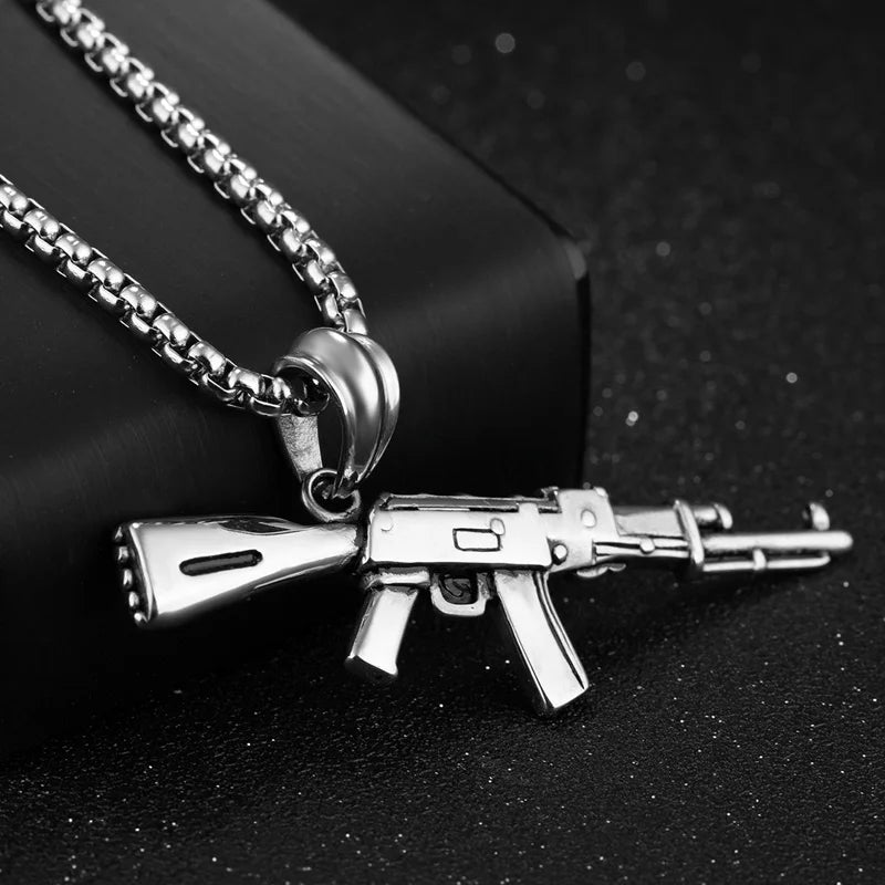 AK-47 Gun Model Pendant Necklace Silver Jewelry Stainless Steel