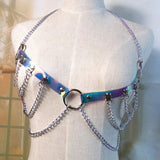 Sexy Laser holographic Choker harness punk Collar belt Necklace Bra Spikes Chain