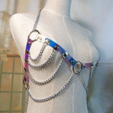 Sexy Laser holographic Choker harness punk Collar belt Necklace Bra Spikes Chain