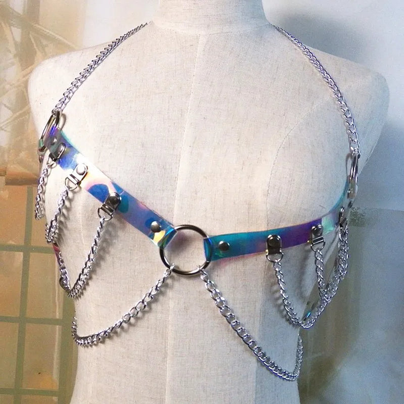 Sexy Laser holographic Choker harness punk Collar belt Necklace Bra Spikes Chain