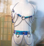 Sexy Laser holographic Choker harness punk Collar belt Necklace Bra Spikes Chain