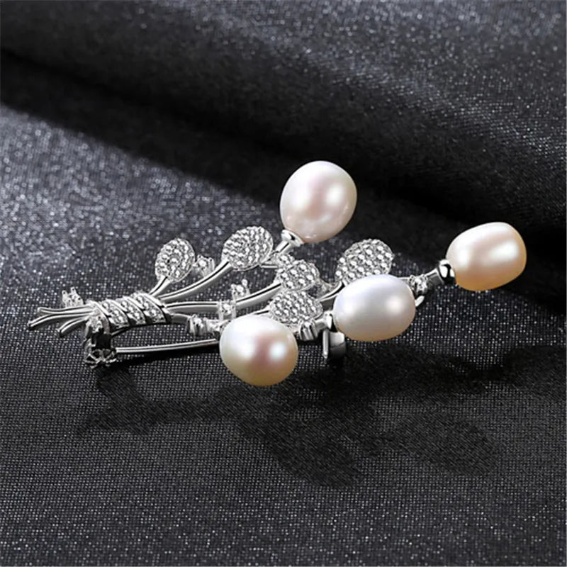 925 Sterling Silver Tree Leaves Natural Pearl Brooch Pin Gift