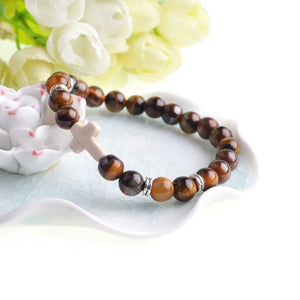 Unisex Natural Stone Jesus Cross Charm Bracelet - Men Women Jewelry