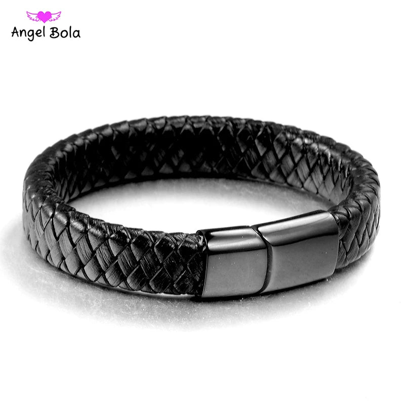 Men's Punk Leather Bracelet Stainless Magnetic Bangle 20.5cm
