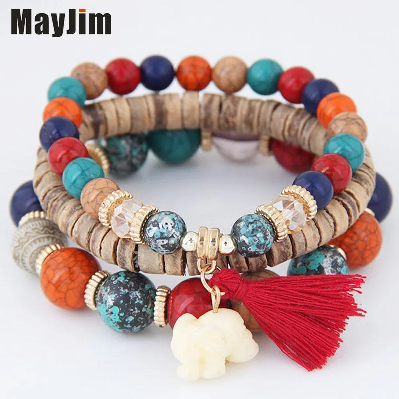 Mixed femme Charms Wooden beads bracelet Vintage elephant cuff bangles