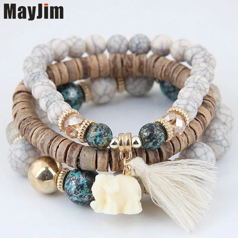 Mixed femme Charms Wooden beads bracelet Vintage elephant cuff bangles