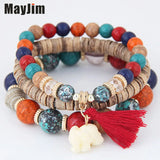 Mixed femme Charms Wooden beads bracelet Vintage elephant cuff bangles