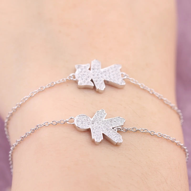 925 Silver Boy Girl Charm Bracelet Clear Crystal CZ