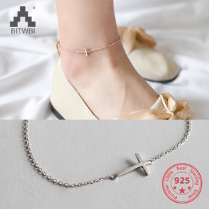 925 Sterling Silver Anklet Bracelet Jesus Cross Women Summer Charm Chain