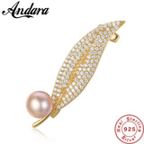 925 Silver Clear CZ Leaf Brooch Pearl Clothing Women Wedding Pins