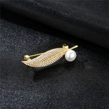 925 Silver Clear CZ Leaf Brooch Pearl Clothing Women Wedding Pins
