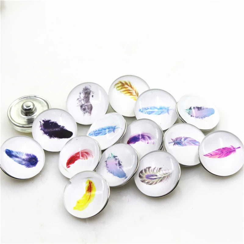 20pcs/lot Mix Glass Feather Snap Buttons 18mm DIY Snap Button Jewelry