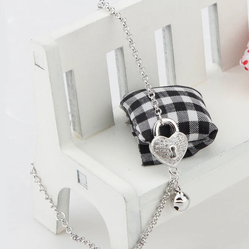 Heart Shape Lucky Bells Chain Bracelet with Zircon Stones
