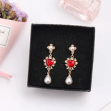 Red Rhinestone Heart Pearl Drop Earrings Statement Lady Accessories