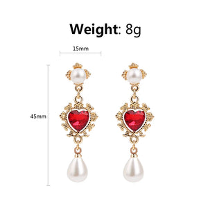 Red Rhinestone Heart Pearl Drop Earrings Statement Lady Accessories