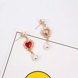 Red Rhinestone Heart Pearl Drop Earrings Statement Lady Accessories