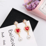 Red Rhinestone Heart Pearl Drop Earrings Statement Lady Accessories
