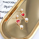 Red Rhinestone Heart Pearl Drop Earrings Statement Lady Accessories
