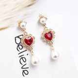 Red Rhinestone Heart Pearl Drop Earrings Statement Lady Accessories