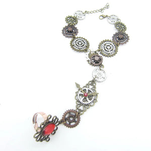 Vintage Steampunk Gear Hand Bracelet Finger Ring Set