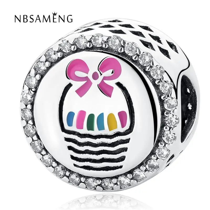 925 Silver Easter Basket Enamel Charm Beads for Bracelets DIY Gift