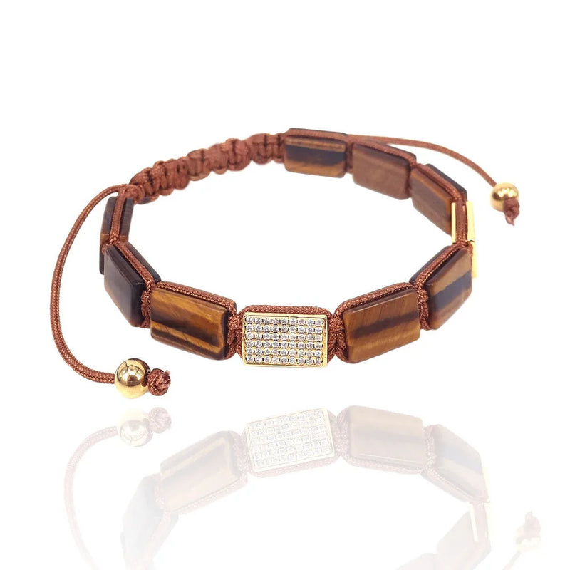 Tiger Eye Rectangle Bead & Zircon Braided Macrame Bracelet
