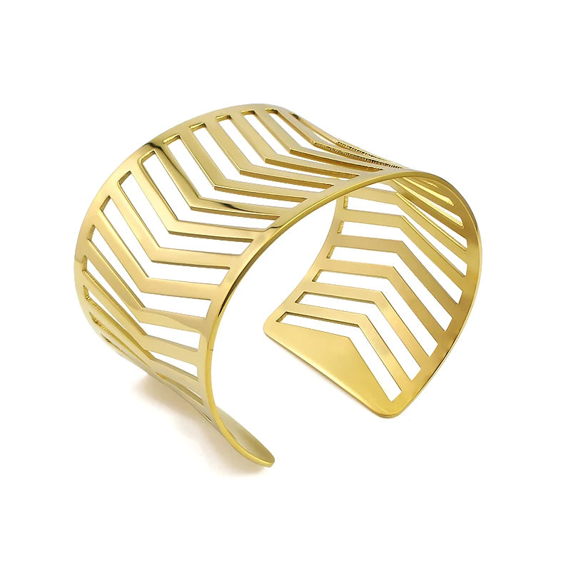 Wide Hollow Open Stripe Bangle Stainless Steel Women Jewelry