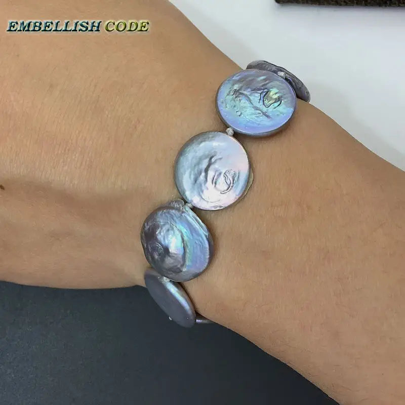Baroque Pearl Bracelet Gray Flat Round Real Freshwater Pearls Women