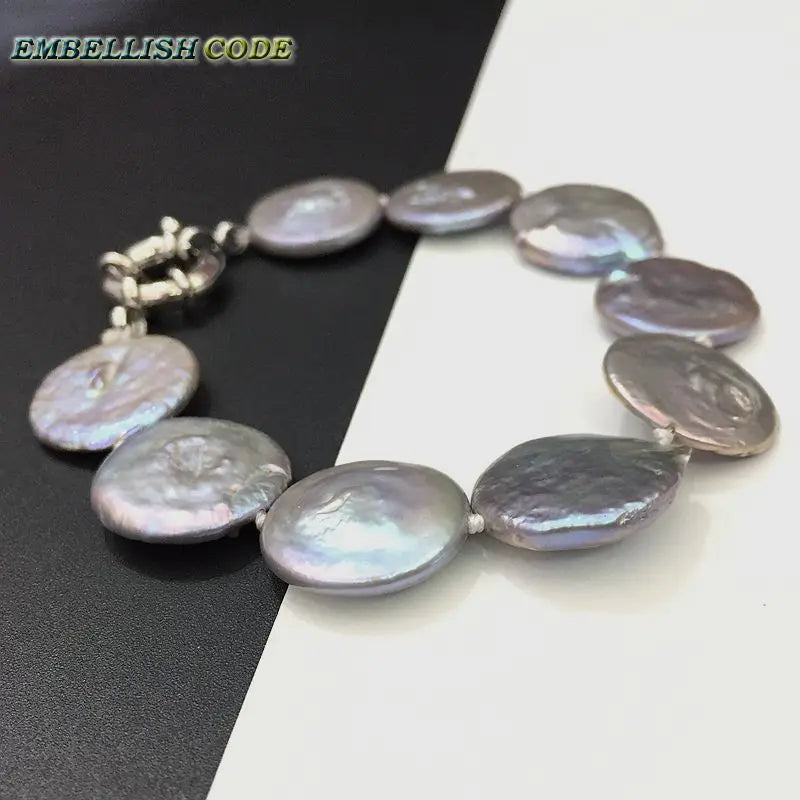 Baroque Pearl Bracelet Gray Flat Round Real Freshwater Pearls Women