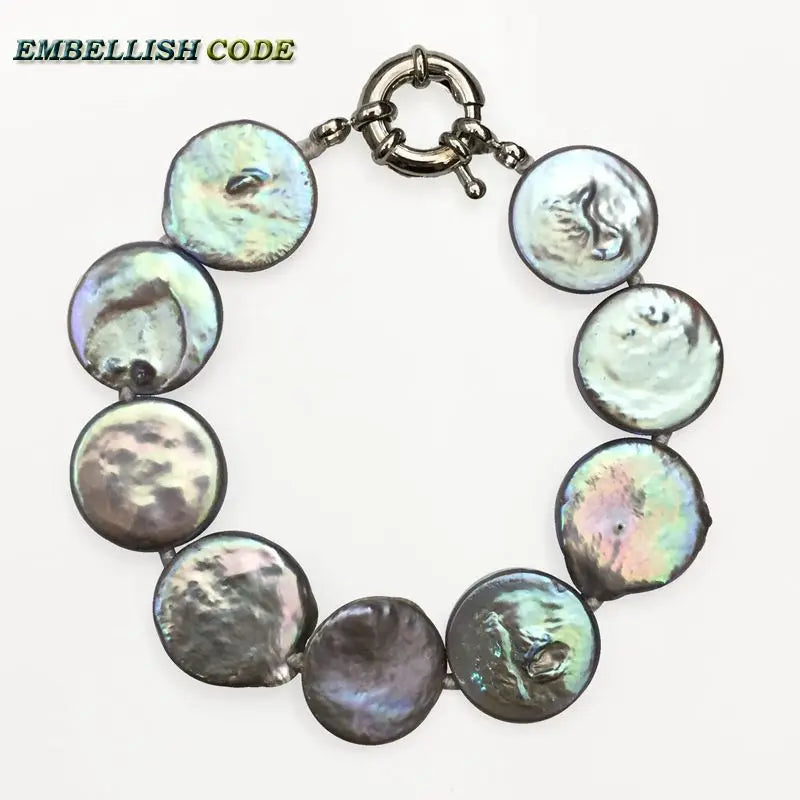 Baroque Pearl Bracelet Gray Flat Round Real Freshwater Pearls Women