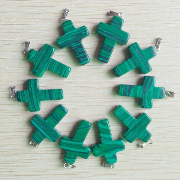 Malachite Stone Cross Pendants Charms for DIY Necklace Jewelry Making 50pcs