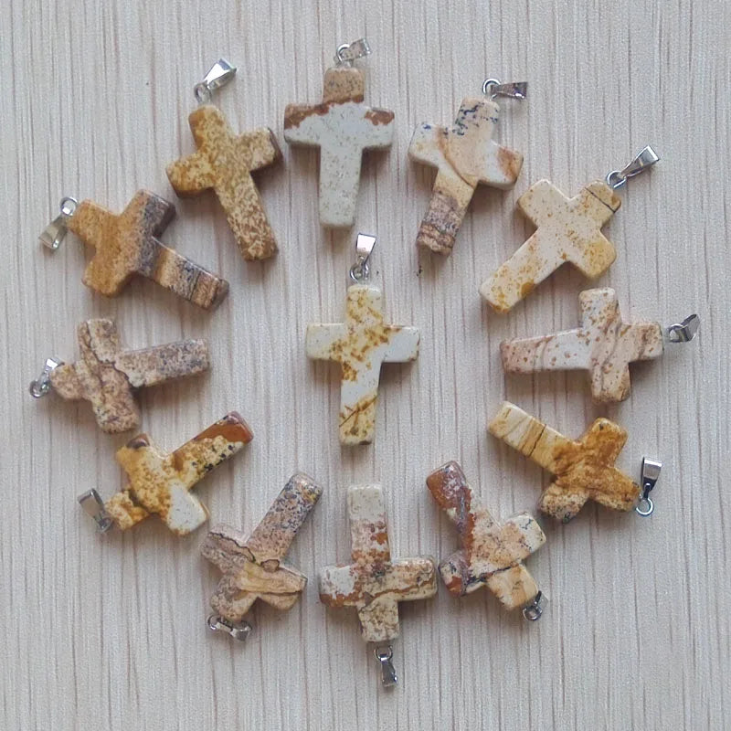 Natural Picture Stone Charms Pendants Cross for Jewelry Making 50pcs/lot