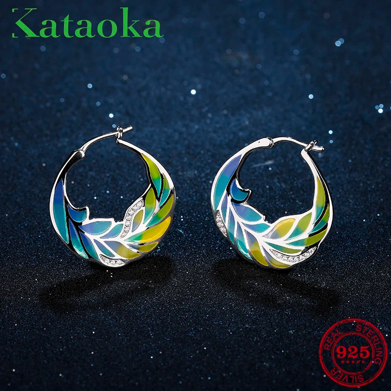 Sparkling CZ Leaves Earrings 925 Sterling Silver Clip-On Enamel