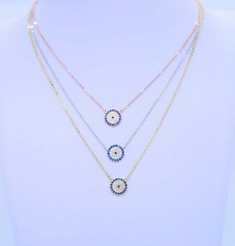 925 Sterling Silver Evil Eye Sideway Cross Necklace with Zirconia