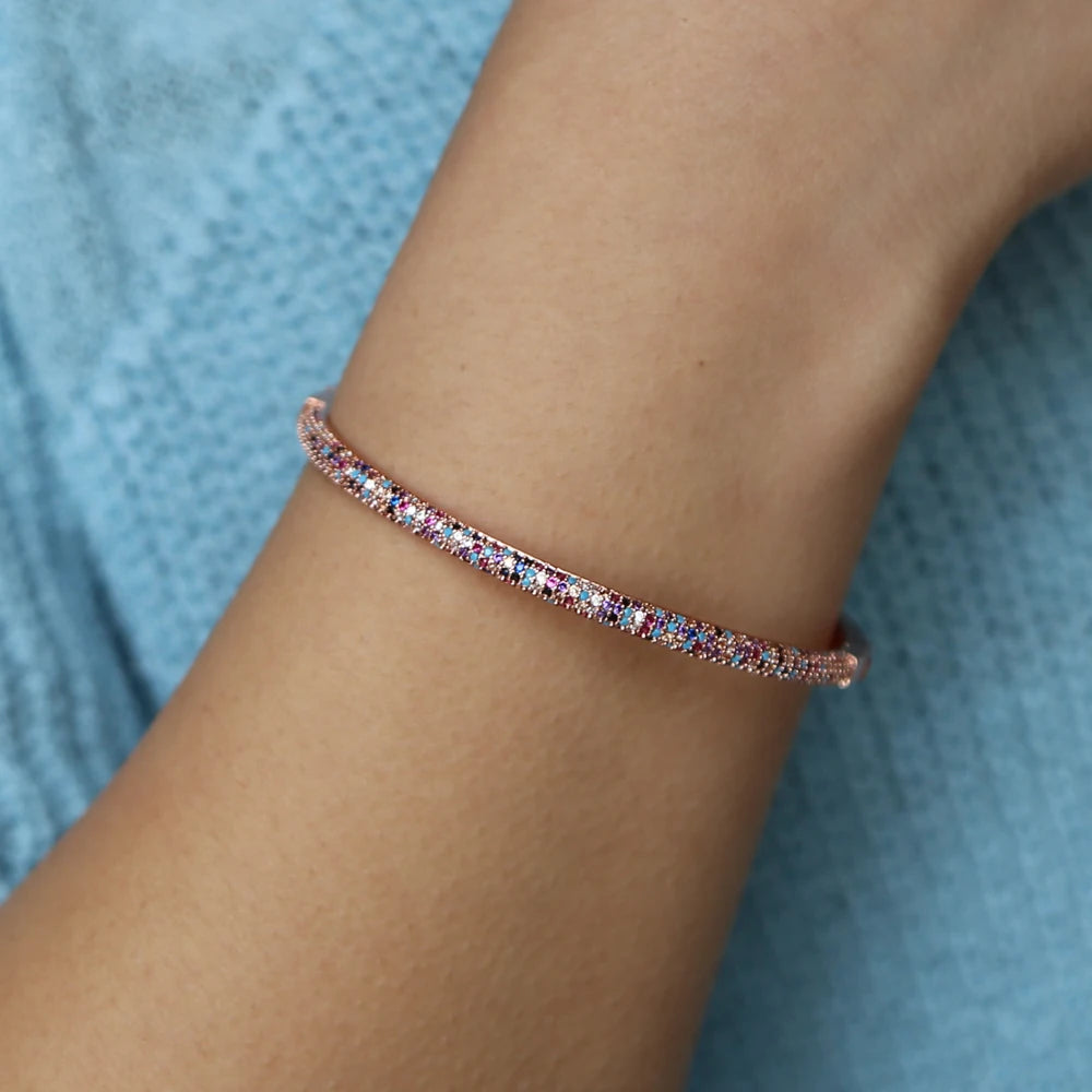 Color Stone CZ Bangle Bracelet for Women Micro Pave Band Cuff