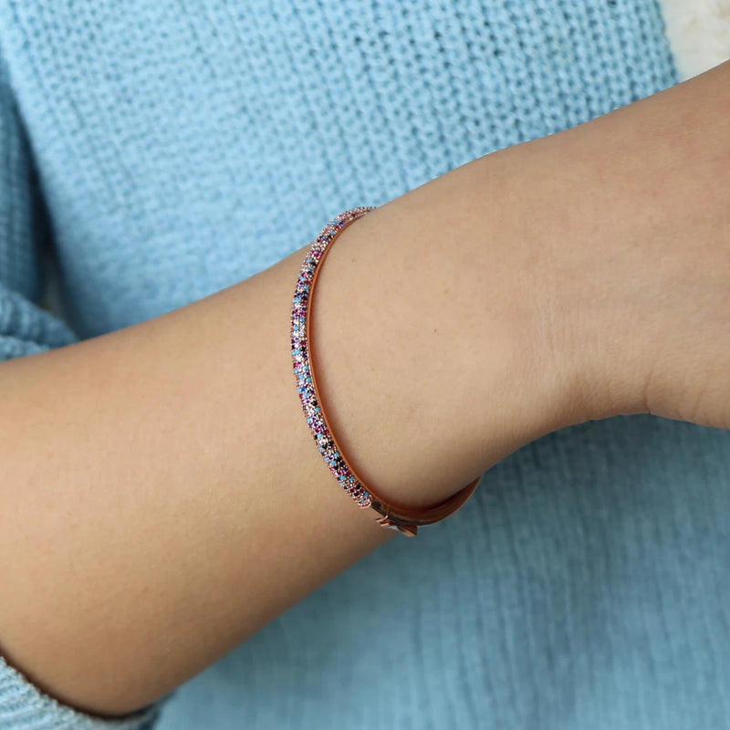 Color Stone CZ Bangle Bracelet for Women Micro Pave Band Cuff