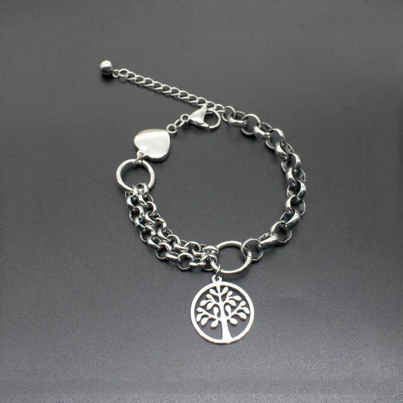 Stainless Steel Tree of Life Bracelet Heart Charm Chain Link 18-23 cm
