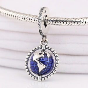 925 Sterling Silver Spinning Globe Dangle Charm Enamel Beads