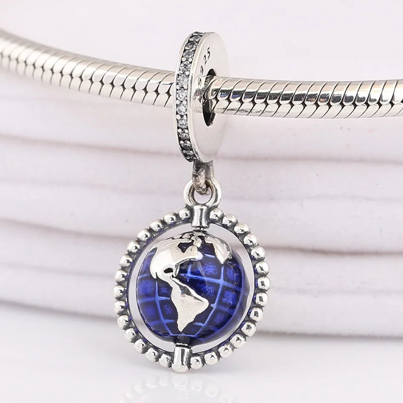 925 Sterling Silver Spinning Globe Dangle Charm Enamel Beads