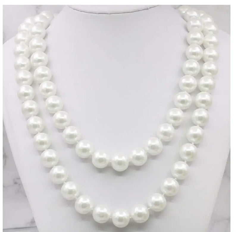 10mm Shell Pearl Necklace 35in Rope Chain Beads Natural Stone