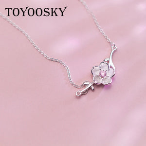 925 Silver Peach Blossom Necklace Pink Zircon Vintage Women Necklaces