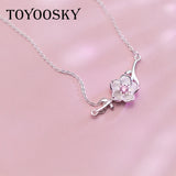 925 Silver Peach Blossom Necklace Pink Zircon Vintage Women Necklaces