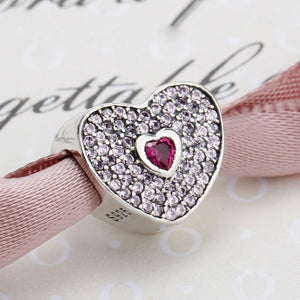925 Silver Sweetheart Pink CZ Beads Charm for Bracelet Necklace