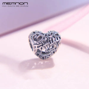 925 Silver Family Heart Charm Beads for Bracelet Bangle DIY Gift