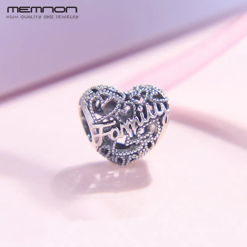 925 Silver Family Heart Charm Beads for Bracelet Bangle DIY Gift