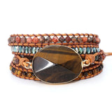 Women Beads Wrap Bracelet Tiger Eye Charm Leather Strap Bracelet