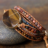 Women Beads Wrap Bracelet Tiger Eye Charm Leather Strap Bracelet