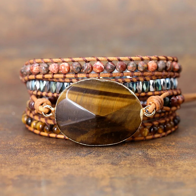 Women Beads Wrap Bracelet Tiger Eye Charm Leather Strap Bracelet