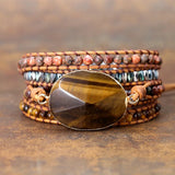 Women Beads Wrap Bracelet Tiger Eye Charm Leather Strap Bracelet
