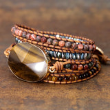 Women Beads Wrap Bracelet Tiger Eye Charm Leather Strap Bracelet